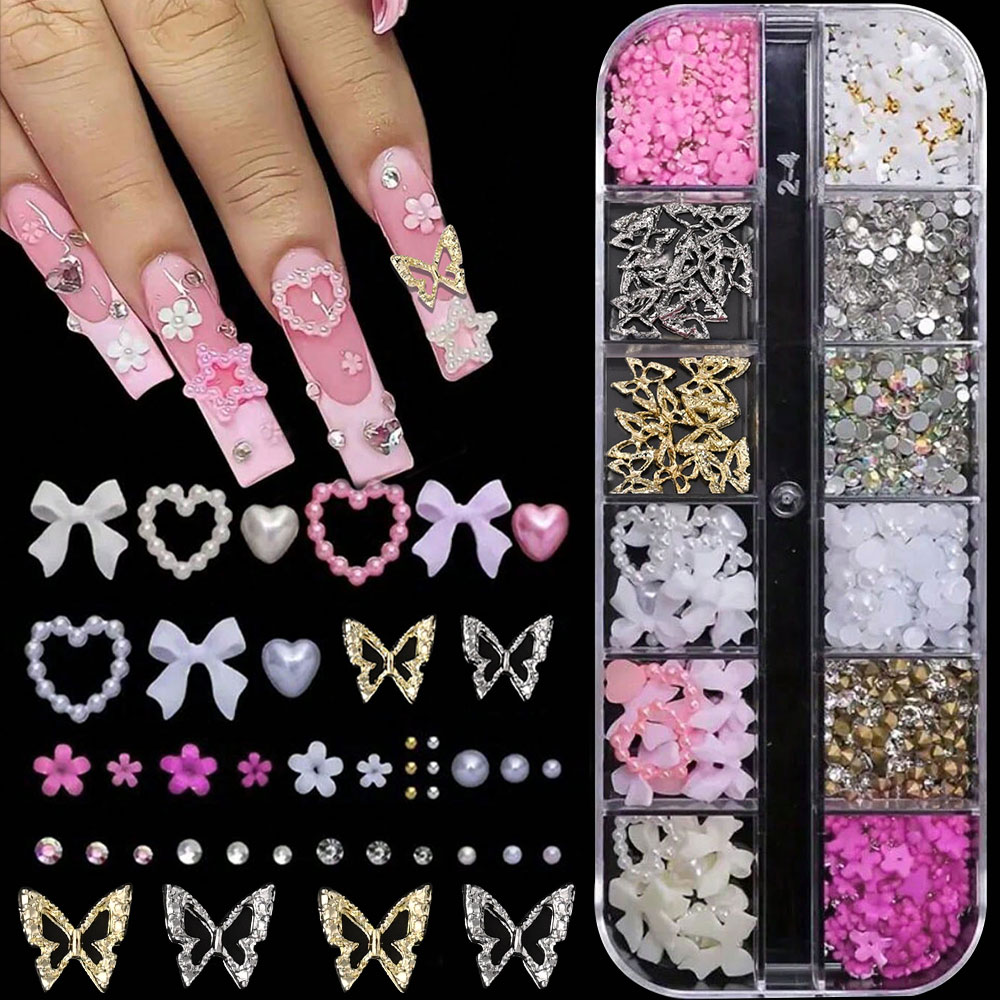 12Grid Pink White Bow Nail Art - Crystal Bead Mix avaliação e preço