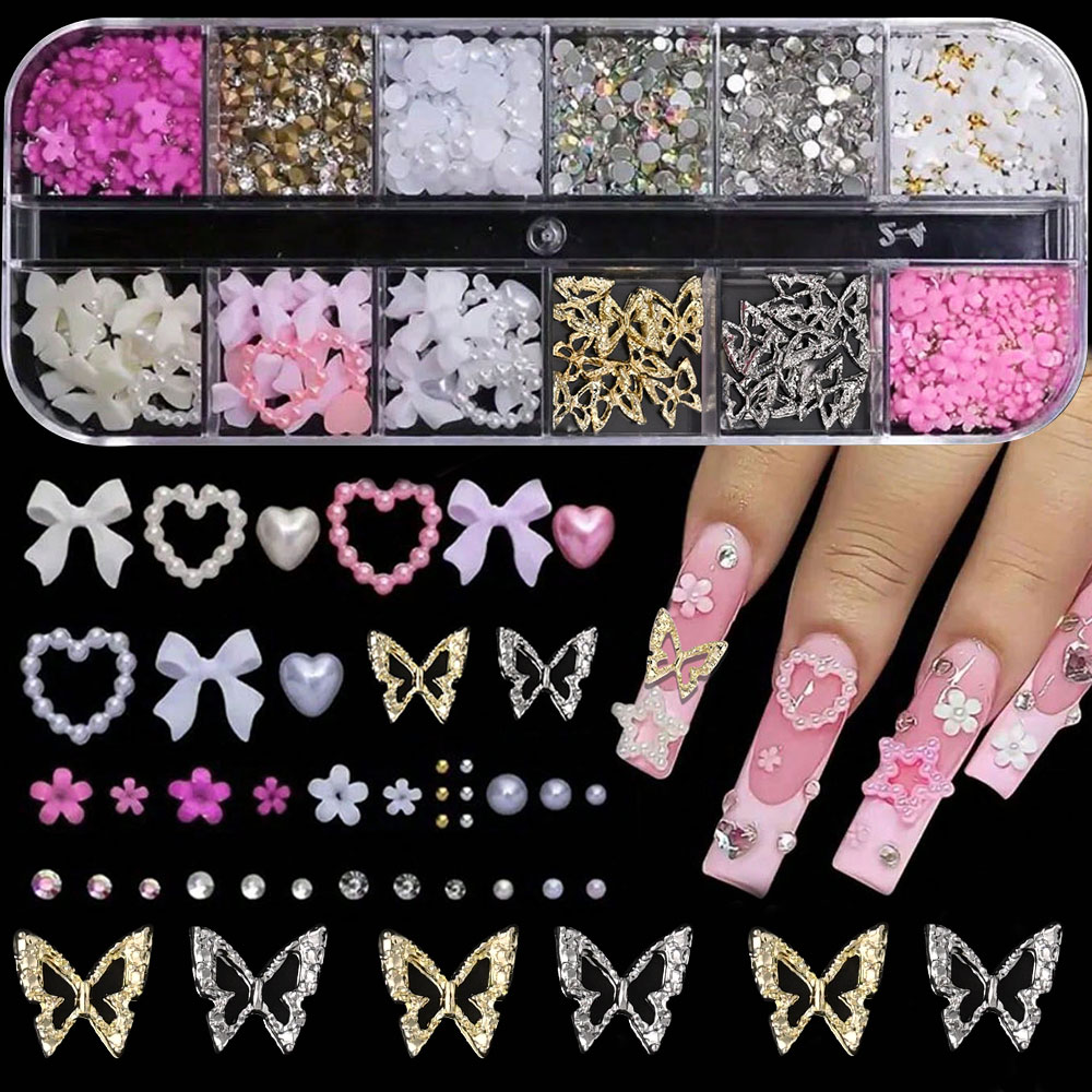 12Grid Pink White Bow Nail Art - Crystal Bead Mix avaliação e preço