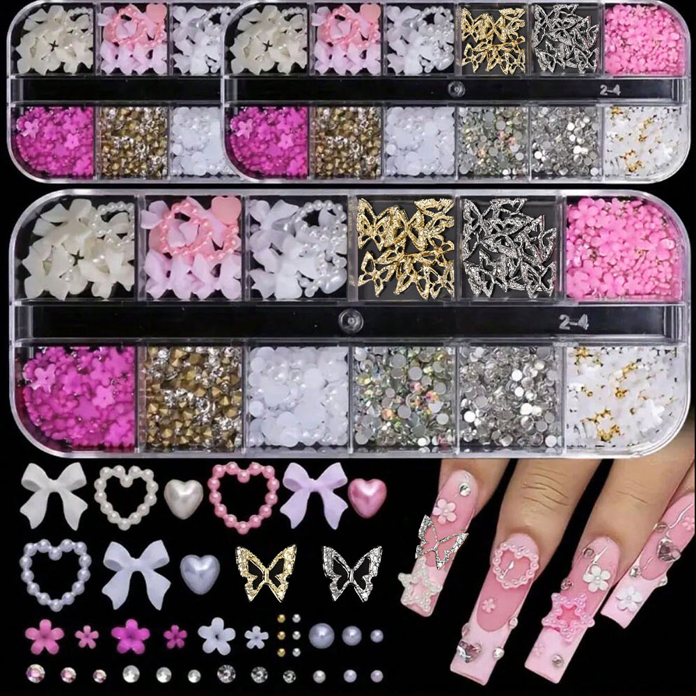 12Grid Pink White Bow Nail Art - Crystal Bead Mix avaliação e preço